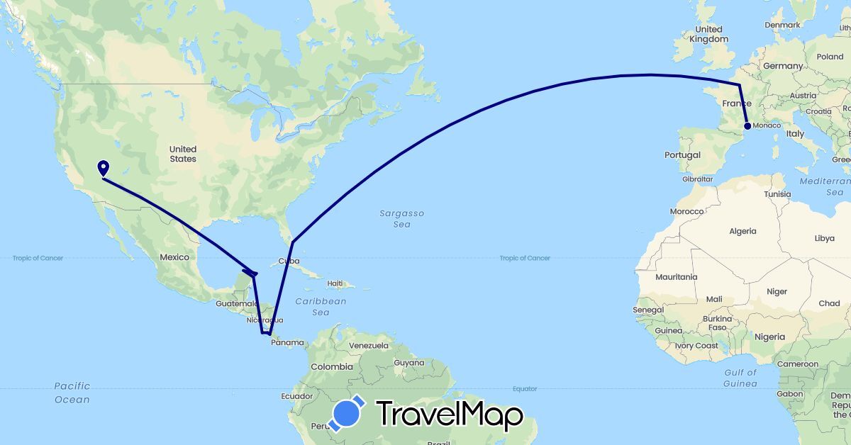 TravelMap itinerary: driving in Costa Rica, France, Mexico, United States (Europe, North America)